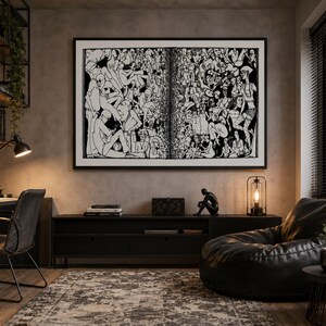 Könnte beinhalten: Ein großes rechteckiges Wandbild mit einer dichten schwarz-weißen Illustration zahlreicher Figuren in verschiedenen Posen, eingefasst in einen dünnen schwarzen Rahmen und horizontal an einer strukturierten grauen Wand über einem langen schwarzen Sideboard.