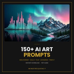 Puede incluir: Una guía digital titulada 150+ AI ART PROMPTS que presenta un paisaje montañoso bajo una aurora boreal, con una visualización de ondas sonoras a la izquierda y texto que enumera Midjourney, DALL-E, Flux, Leonardo, Firefly y Mindfrequency.