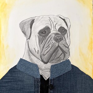 May include: A pencil and denim collage portrait of a bulldog wearing a denim jacket over a black shirt. The dog's face is shaded in gray, with a yellow and white background.