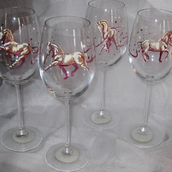 Handpainted by Carole Koch, Set of 4 Dressage horses on Bohemia Crystal Wine Goblets
