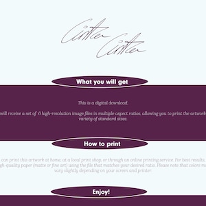 May include: Digital download graphic with the signature "Cintern Cinta" at the top. The image features text in white on a purple background, including "What you will get," "How to print," and "Enjoy!" It also states the artwork is a digital download.