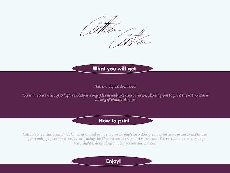May include: Digital download graphic with the signature "Cintern Cinta" at the top. The image features text in white on a purple background, including "What you will get," "How to print," and "Enjoy!" It also states the artwork is a digital download.