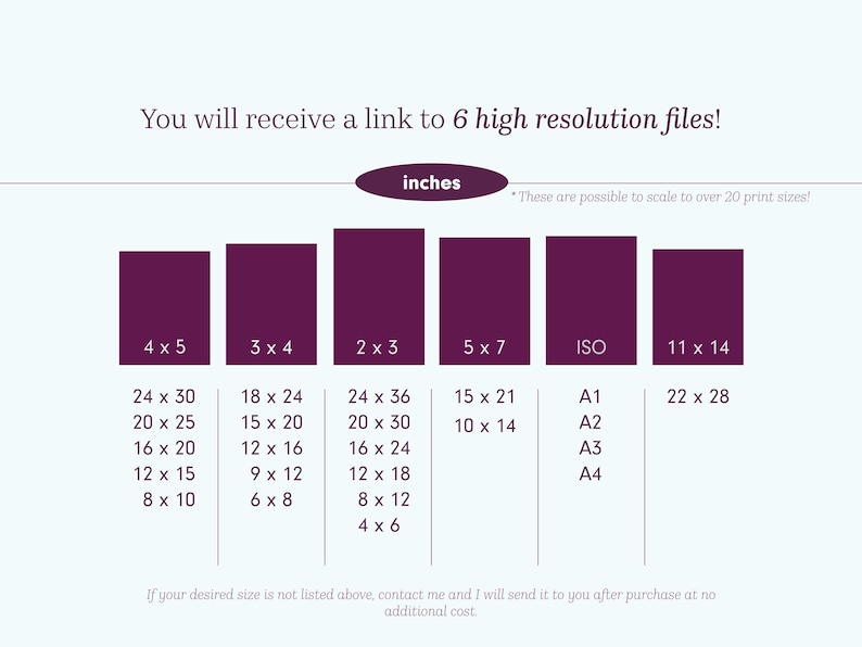 May include: A chart with print sizes in inches and centimeters, including 4x5, 3x4, 2x3, 5x7, ISO, and 11x14. The text states that you will receive a link to 6 high-resolution files and that sizes can scale to over 20 print sizes.