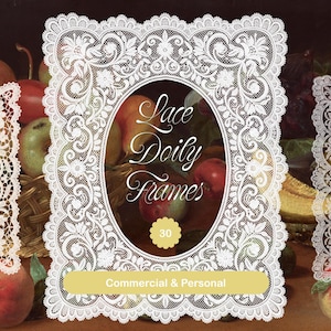 Peut inclure: Trois cadres en dentelle blanche avec des motifs floraux complexes et des bords festonnés. Le cadre central présente un centre ovale avec le texte "Lace Doily Frames" et "30" dans un cercle jaune, ainsi qu'une barre jaune "Commercial & Personal".