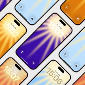 May include: A collection of smartphones with colorful, radiant sunburst-style wallpapers in shades of orange, yellow, blue, and purple. Each screen displays the time, "Thu 12 Mar," and a different time, such as 15:02, 15:03, 15:06, and 15:07.