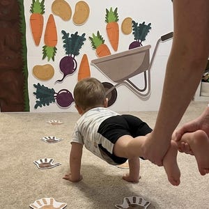 May include: A child crawling towards a garden-themed backdrop featuring carrots, potatoes, beets, and a wheelbarrow. The words "Garden wheelbarrow" are at the top. Footprint cutouts are on the carpet.