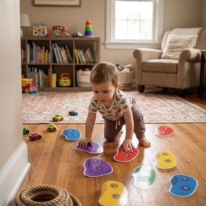 May include: A child plays with colorful, plastic climbing holds on a wooden floor. The holds are in various colors, including red, blue, yellow, green, and purple. A coiled rope and toy cars are also visible. The text "FLOOR ROCK CLIMBING" is at the top.