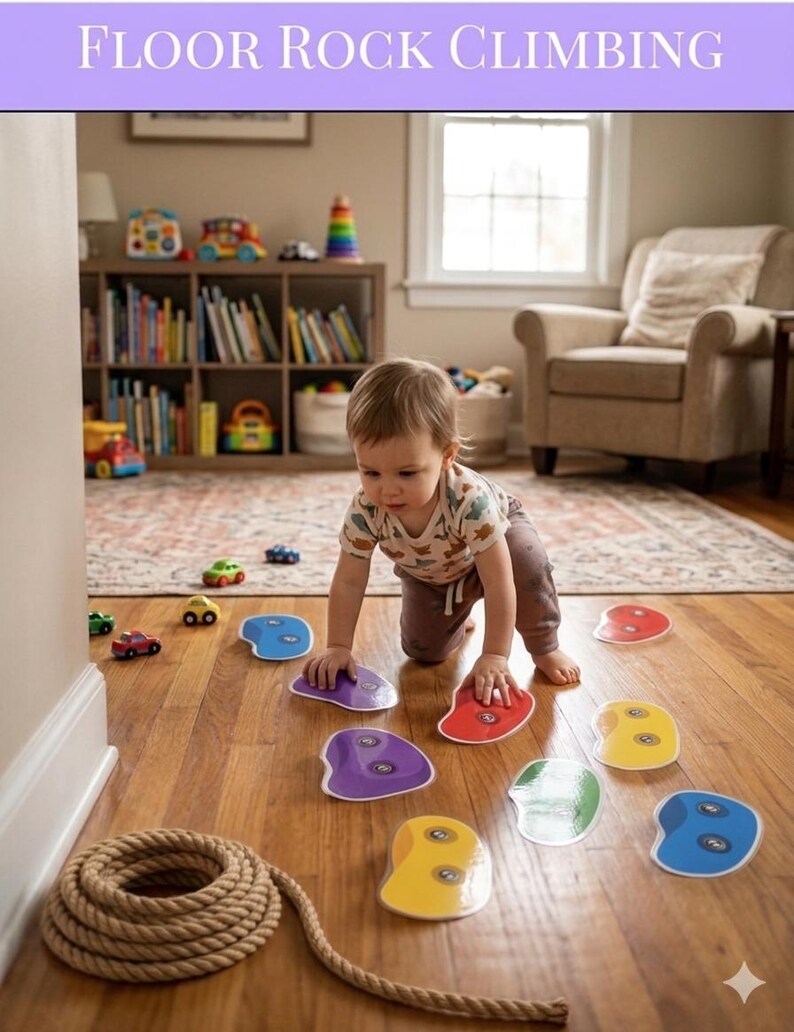 May include: A child plays with colorful, plastic climbing holds on a wooden floor. The holds are in various colors, including red, blue, yellow, green, and purple. A coiled rope and toy cars are also visible. The text "FLOOR ROCK CLIMBING" is at the top.
