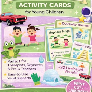 May include: Digital download activity cards for young children. The cards feature illustrations of children, frogs, and cars, with text including "Movement & Heavy Work" and "Build Strong Bodies & Calm Minds". Includes 10 activity themes and +20 laminated visuals.
