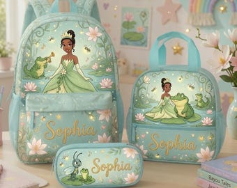 Personalized Backpack Set, Princess Tiana Lunch Box, Custom Name School Bag, Gift for Girls, Bayou Frog Pencil Case
