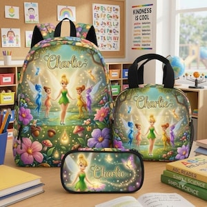 Personalized Fairy Backpack Set, Tinker Bell Lunch Box, Custom Name Bag, Gift for Girl, School Supplies Bundle