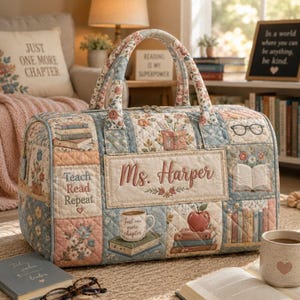 Personalized Quilted Teacher Tote Bag, Custom Name Library Book Lover, Floral Patchwork Weekender, Gift for Educator