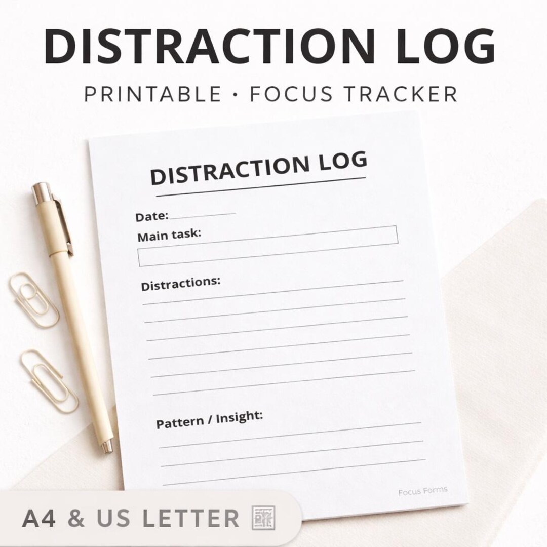 Distraction Log Printable PDF – Focus Tracker for ADHD | Minimal ...