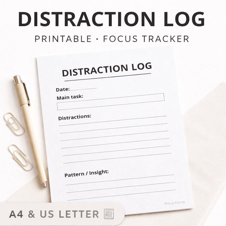 Distraction Log Printable PDF – Focus Tracker for ADHD | Minimal ...