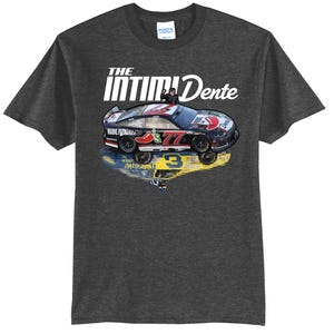 May include: Dark gray t-shirt featuring a race car graphic with the text "THE INTIMIDENTE". The car is black, red, and white, with the number 77 and a chili pepper design. The shirt has a classic crew neck.