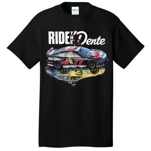 May include: Black t-shirt featuring a race car graphic with the text "RIDE the Dente". The car has the number 77 and a chili pepper design. The shirt is made of a soft material.