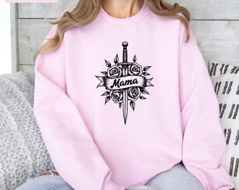Edgy Mama Sweatshirt, Traditional Tattoo Mom Sweater, Dagger and Rose Graphic, Cool Mother's Day Gift, Badass Mommy Apparel Retro Crewneck