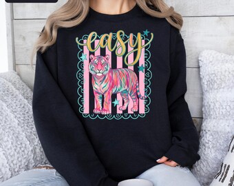 Preppy Tiger Sweatshirt, Pastel Safari Hoodie, Cute Animal Pullover, Easy Positivity Sweater, Southern Preppy Aesthetic Tops