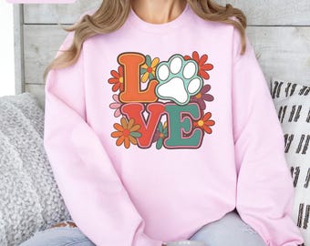 Retro Dog Mom Sweatshirt, Groovy Floral Paw Print Sweater, Cute Pet Lover Gift, Dog Mama Crewneck, 70s Aesthetic Apparel
