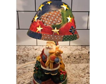 Vintage patchwork kerstman tafellamp kerstverlichting teddybeer 10" werkt