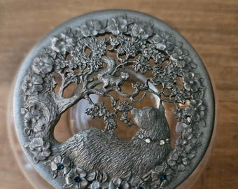Vintage 1989 Rawcliffe Pewter Glass Potpourri Jar Trinket Dish w/ Cat Tree Lid
