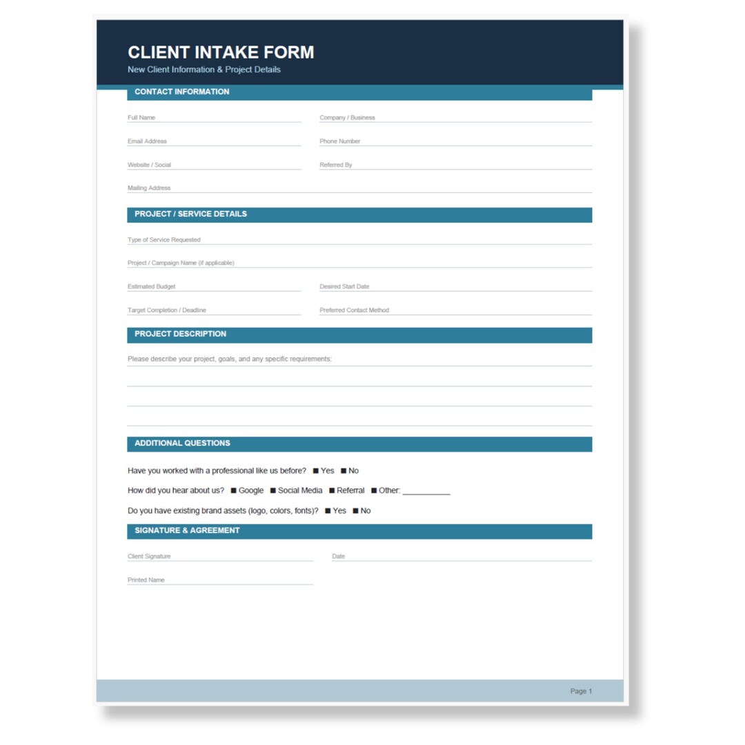 Client Intake Form | Printable PDF | Print and Fill | Small Business ...