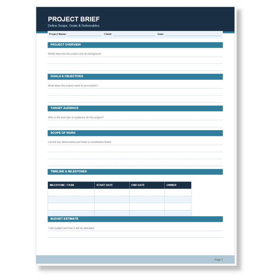Task Brief Example Project Brief Template | Printable PDF | Print and Fill | Small ...