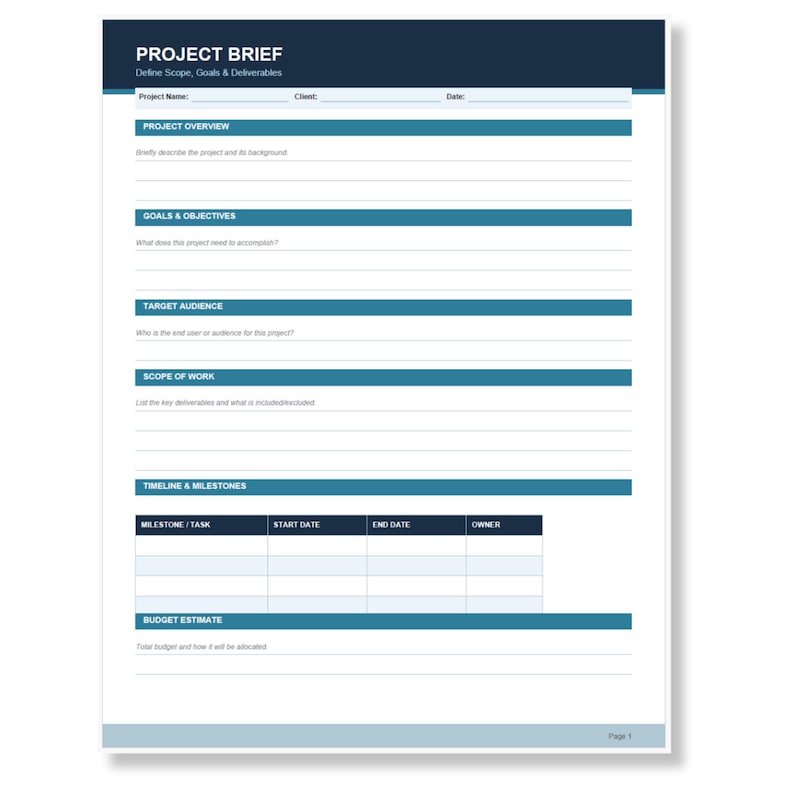 Project Brief Template | Printable PDF | Print and Fill | Small ...