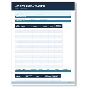 Puede incluir: Documento blanco titulado "JOB APPLICATION TRACKER" con un encabezado azul oscuro. Incluye secciones para objetivos de búsqueda de empleo, registro de solicitudes y notas de entrevistas. Se incluyen tablas para el seguimiento de solicitudes y detalles de entrevistas.