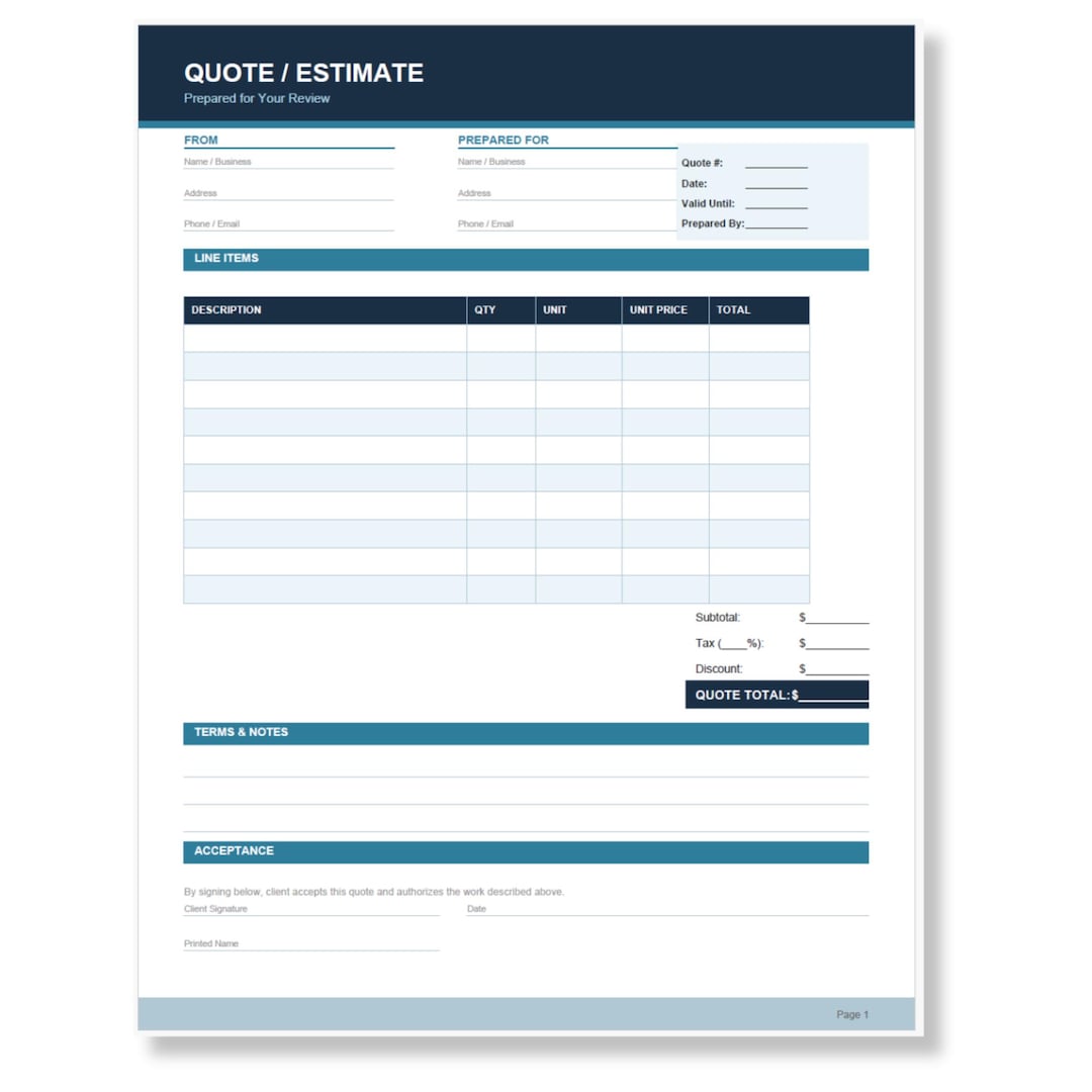 Quote and Estimate Template | Printable PDF | Print and Fill | Small ...