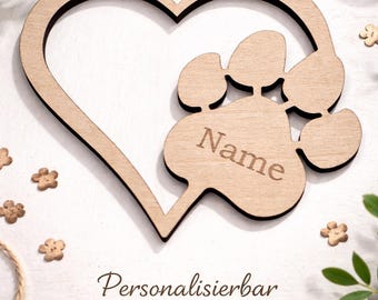 Wooden paw print heart – personalized with your desired name