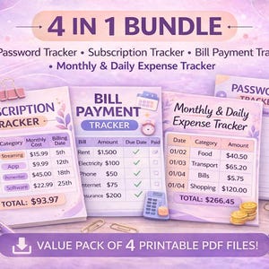 May include: A 4-in-1 bundle of printable PDF files for financial tracking. Includes password, subscription, bill payment, and monthly expense trackers. The design features a purple and white color scheme with a pen, paperclips, and a calculator.