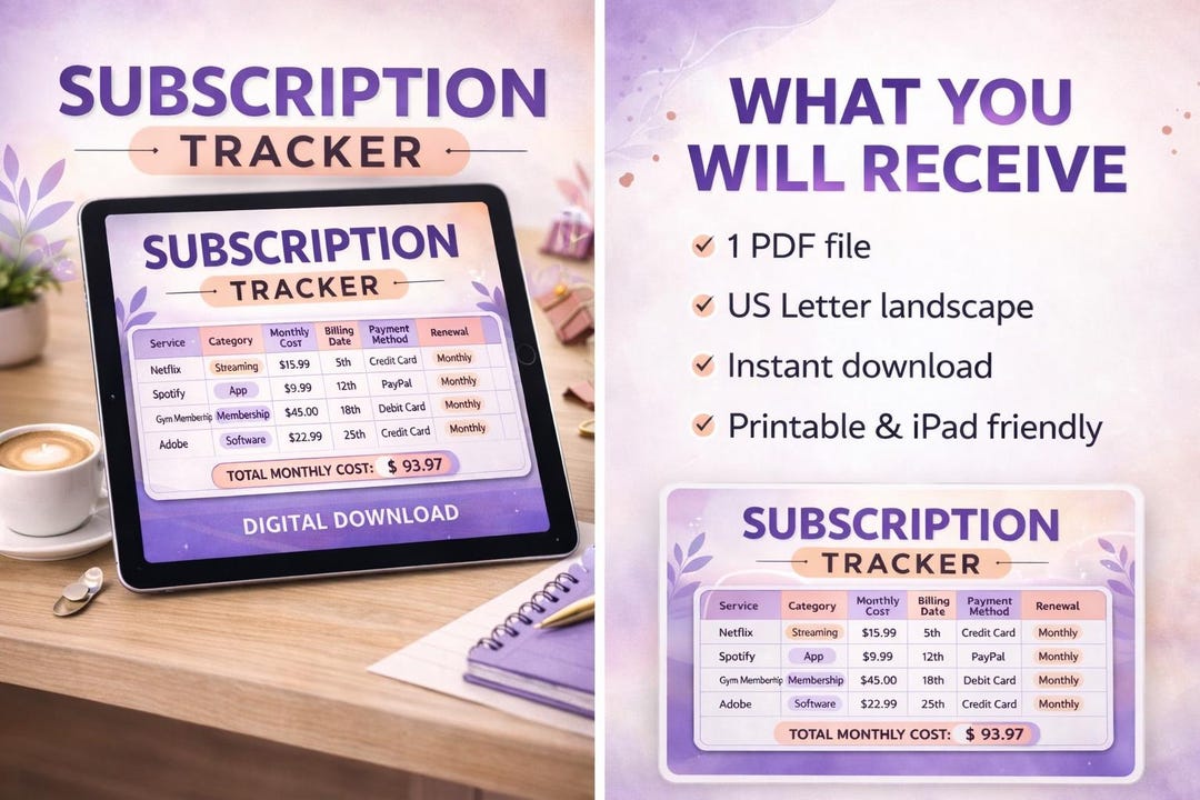 Subscription Tracker Printable PDF, Monthly Bill & Subscription ...