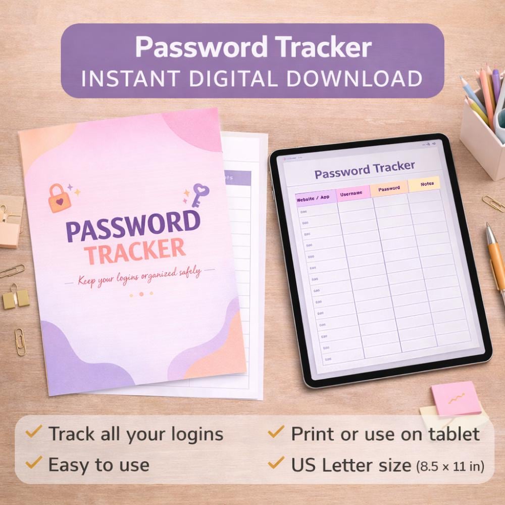 Password Tracker Printable PDF, Password Log Book, Internet Password ...