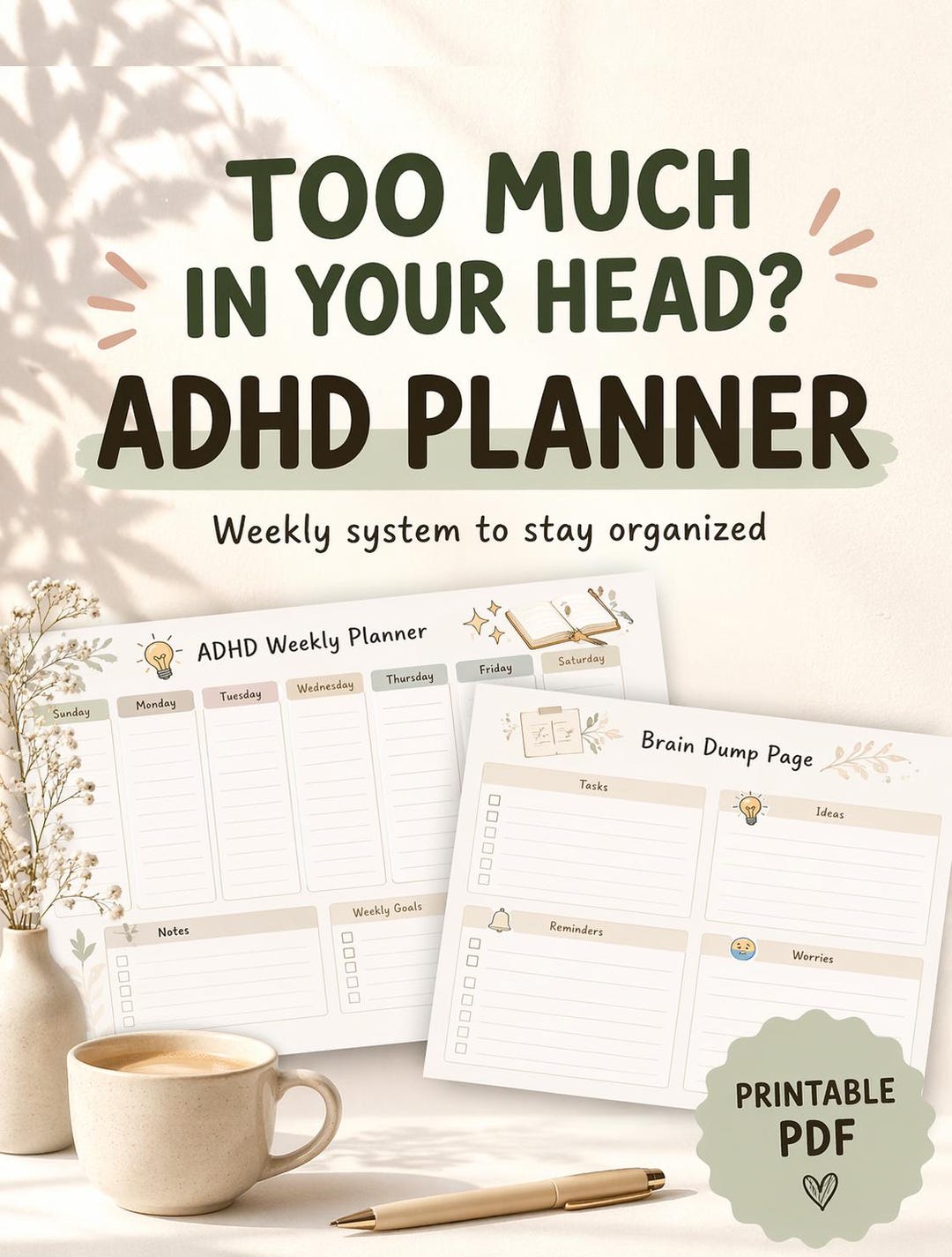 ADHD Planner Printable | Weekly Planner, Brain Dump, Habit Tracker ...