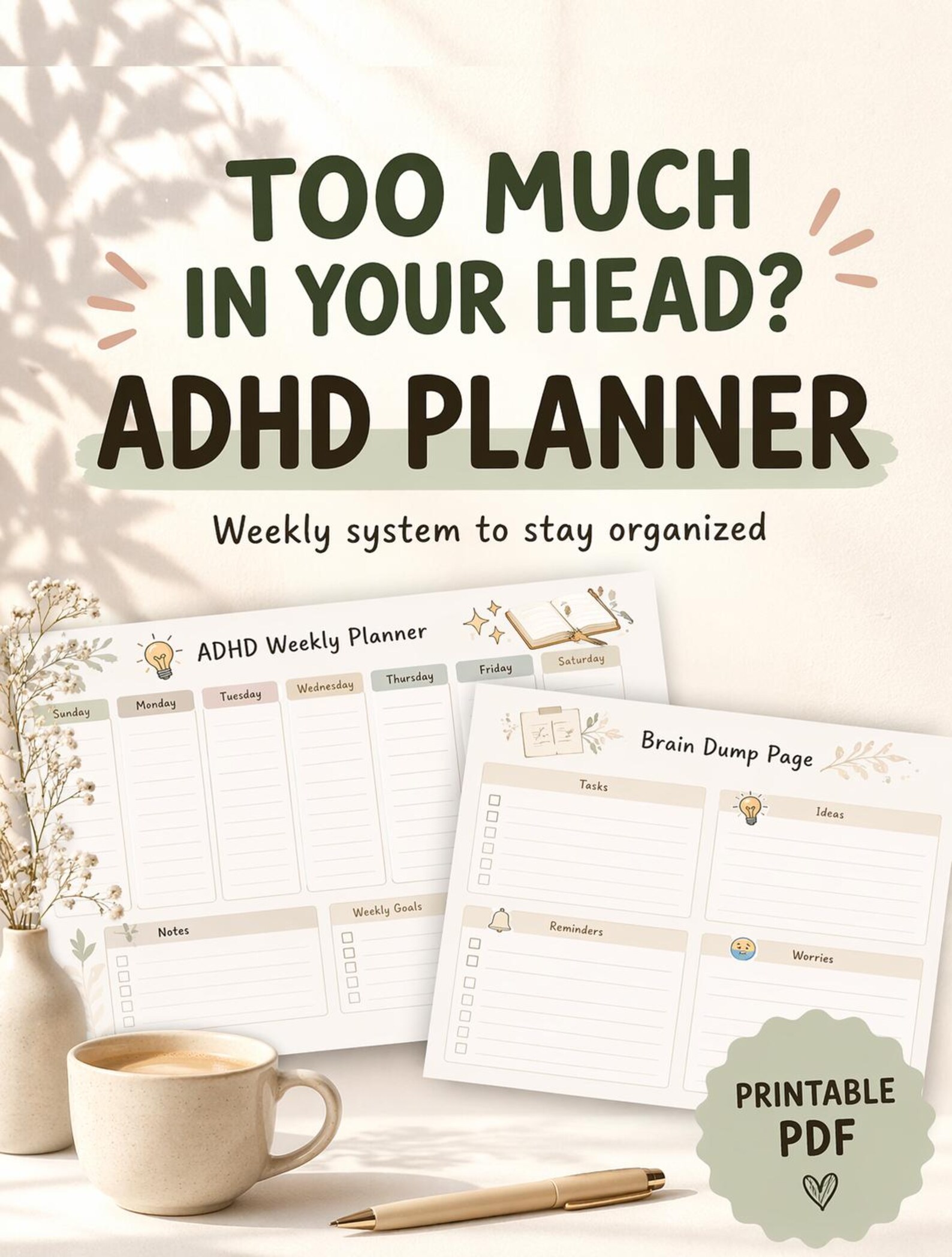 ADHD Planner Printable | Weekly Planner, Brain Dump, Habit Tracker ...