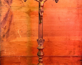 Antique Funeral Chapel Crucifix Cross Cast Metal Religious Decor 1890s–1920s