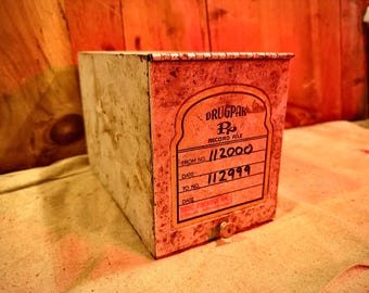 Vintage Drugpak Rx Record File Tin Box – Pharmacy Industrial Storage Cabinet