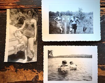 Vintage Lake Swimming & Swimsuit Photo Lot | Original 1949–1950 Snapshots
