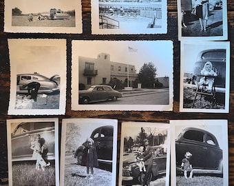 Vintage Snapshot Photo Lot (10) – Classic Cars & Roadside Scenes – Vernacular Photography – 1940s–1950s