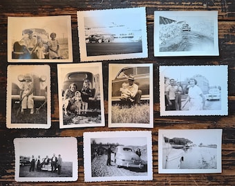 Vintage Snapshot Photo Lot (10) – Classic Cars & Roadside Scenes – Vernacular Photography – 1940s–1950s