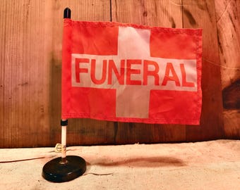 Vintage Magnetic Funeral Procession Flag – Orange “FUNERAL” Escort Car Flag