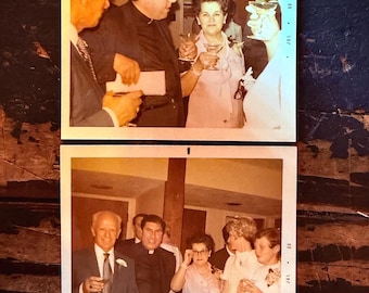 Vintage 1969 Snapshot Pair – Priest at Cocktail Gathering, Candid & Posed Contrast
