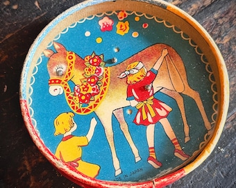 Antique Large Japanese Dexterity Game Horse & Children Marble Puzzle Toy 1930s-1950s