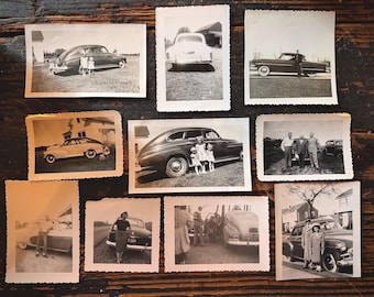 Vintage Snapshot Photo Lot (10) – Classic Cars & Roadside Scenes – Vernacular Photography – 1940s–1950s