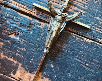 Heavy Cast Metal Christ on Brass Cross – Mid-Century Catholic Wall Crucifix