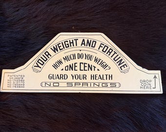 Vintage Porcelain “Your Weight and Fortune” Scale Sign – Coin-Op Arcade Topper – 1920s–1940s
