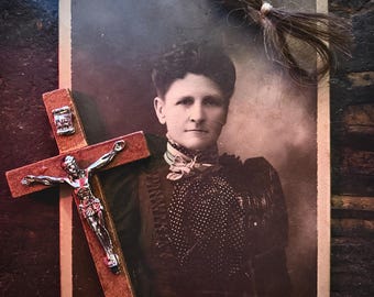 Antique Mourning Hair Cabinet Card Bellsmith Cincinnati Crucifix Memorial Oddity 1890s–1910s