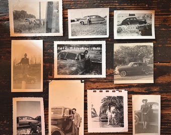 Vintage Snapshot Photo Lot (10) – Classic Cars & Roadside Scenes – Vernacular Photography – 1940s–1950s