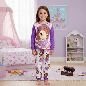 Peut inclure: Une jeune fille porte un ensemble de pyjama deux pièces. Le haut à manches longues est violet avec un dessin de princesse. Le bas de pyjama est blanc avec un motif de princesse répété. La fille se tient dans une chambre avec un lit et une étagère.